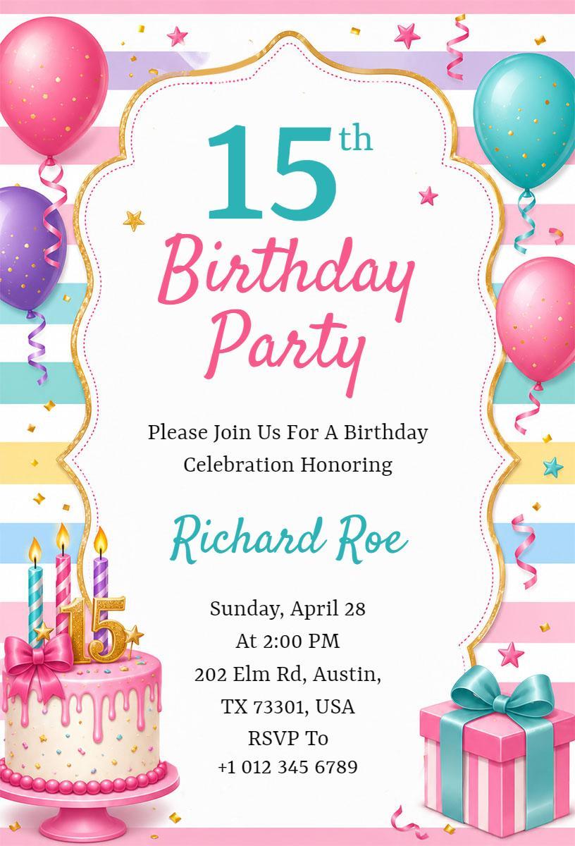 Colorful Joyful 15th Birthday Celebration Invitation Template