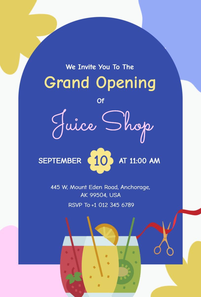 Colorful Juice Shop Grand Opening Celebration Invitation Template
