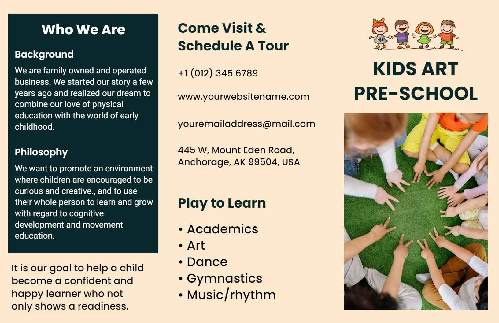 Colorful Kids Art Preschool Learning and Enrollment Brochure Template