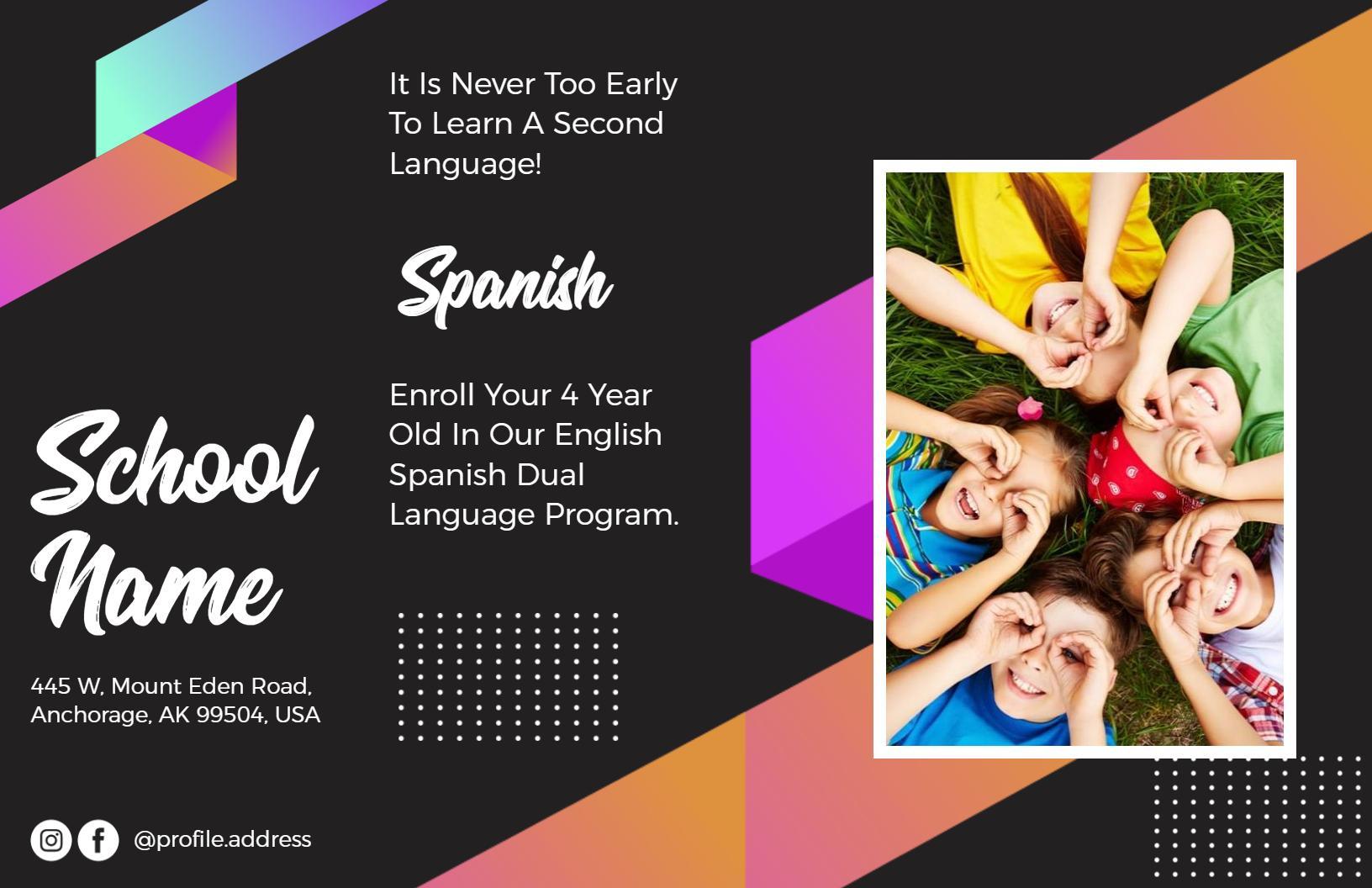 Colorful Kids Spanish Language Enrollment School Brochure Template