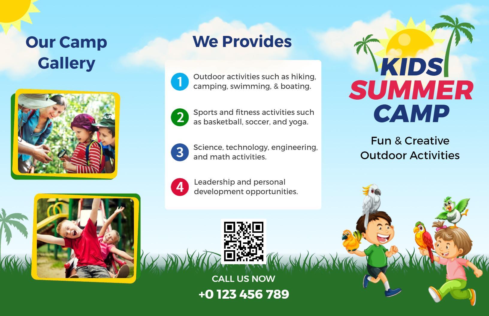 Colorful Kids Summer Camp Outdoor Activities Brochure Template