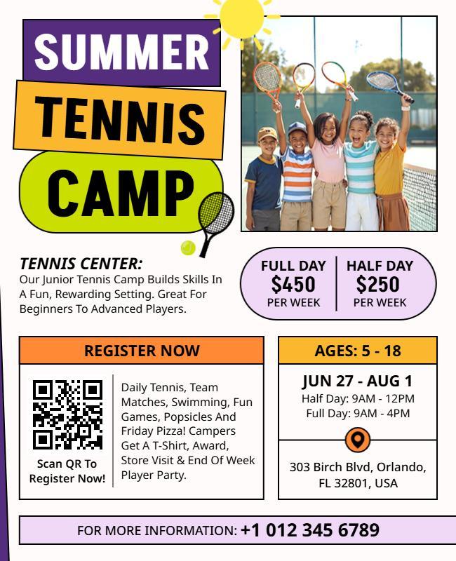 Colorful Kids Summer Tennis Camp Promotional Flyer Template