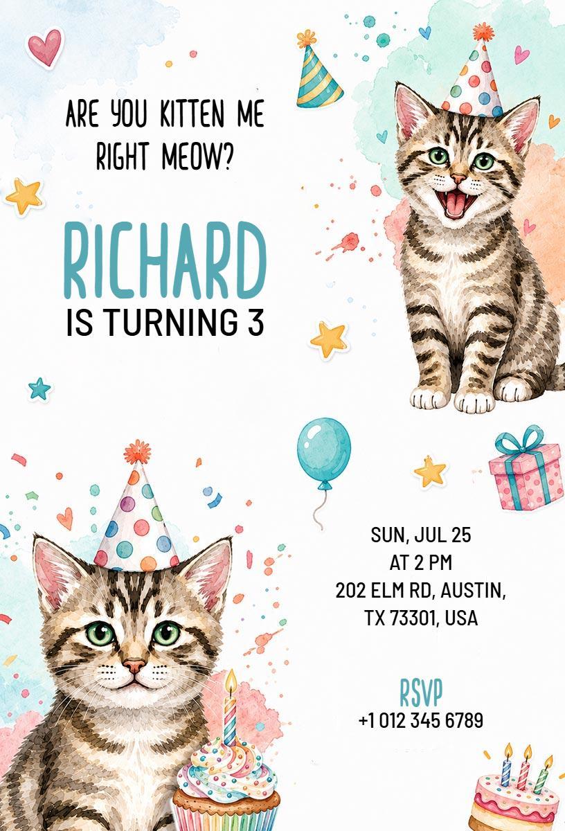 Colorful Kitten Theme Cat Birthday Celebration Invitation Template