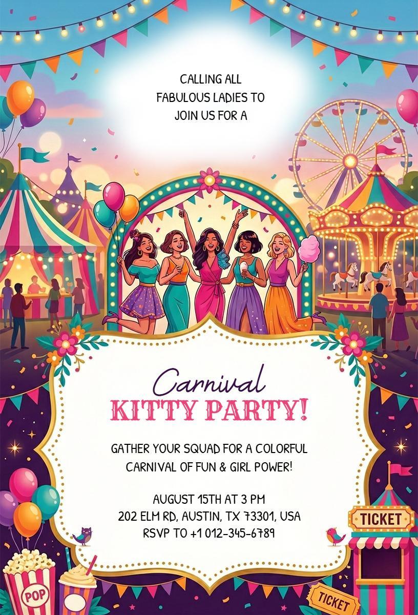 Colorful Ladies Carnival Kitty Party Celebration Invitation Template
