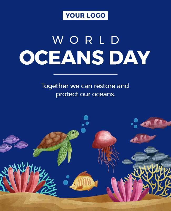 Colorful Marine Life Celebration for World Oceans Day Poster Template