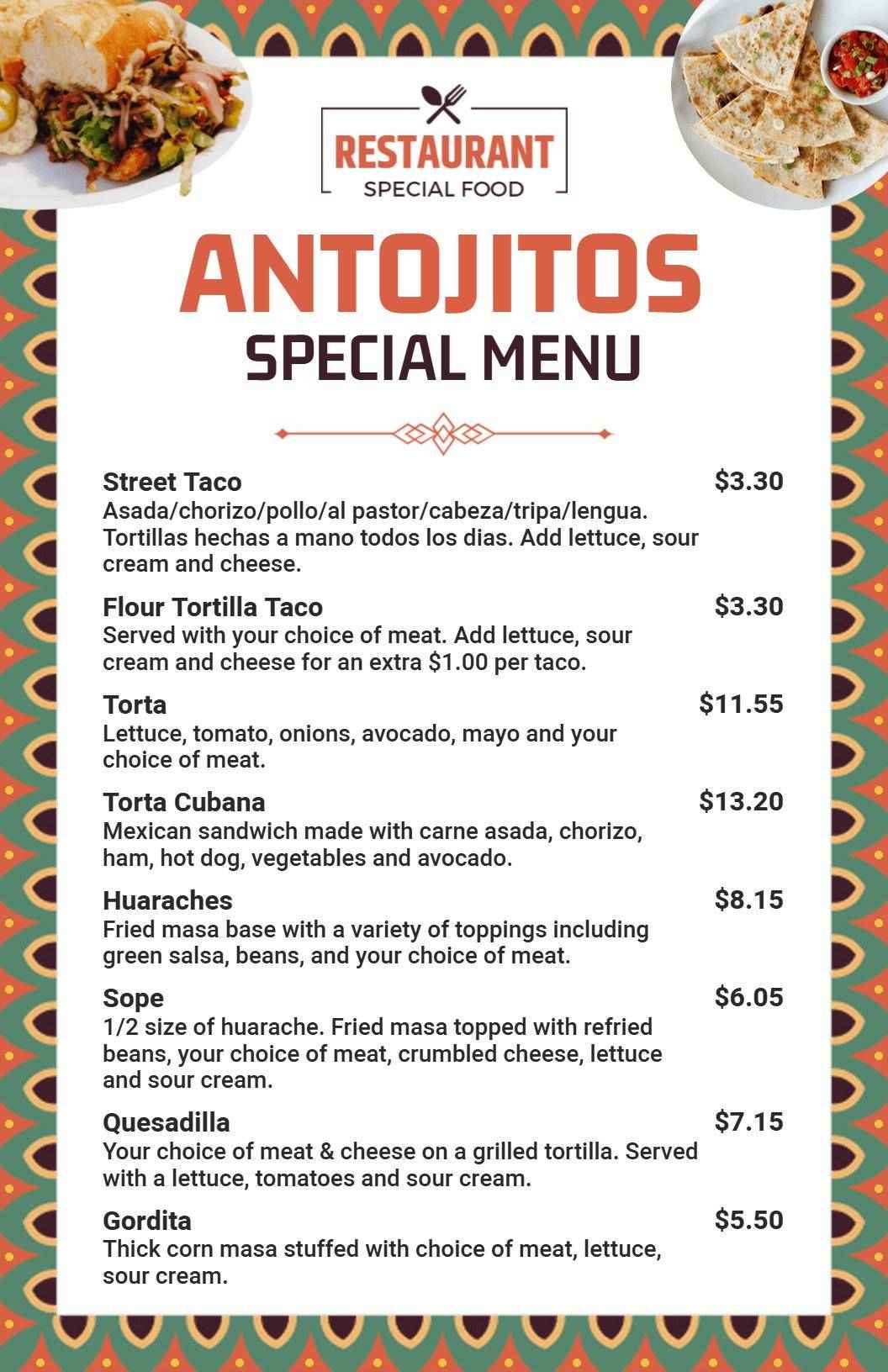 Colorful Mexican Antojitos Special Cuisine Menu Template