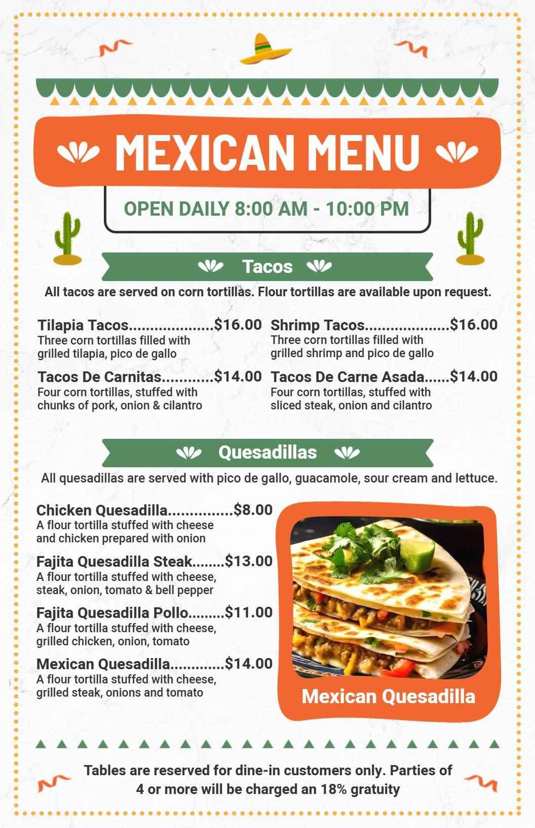 Colorful Mexican Style Tacos and Quesadillas Menu Template