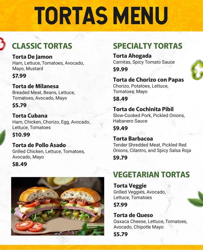 Colorful Mexican Tortas Restaurant Menu Flyer Template