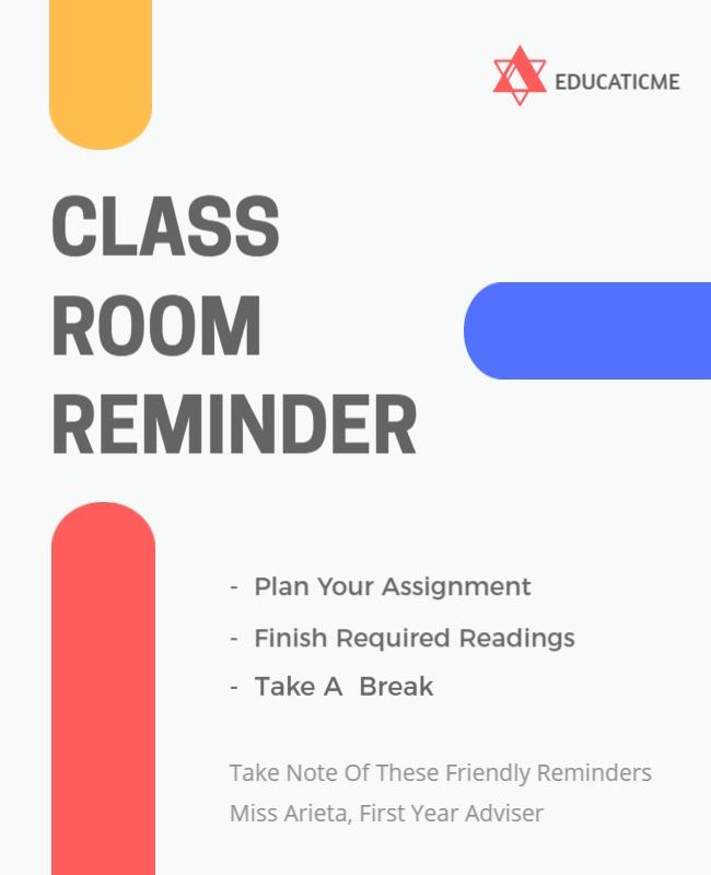 Colorful Modern Classroom Reminder Tips Poster Template