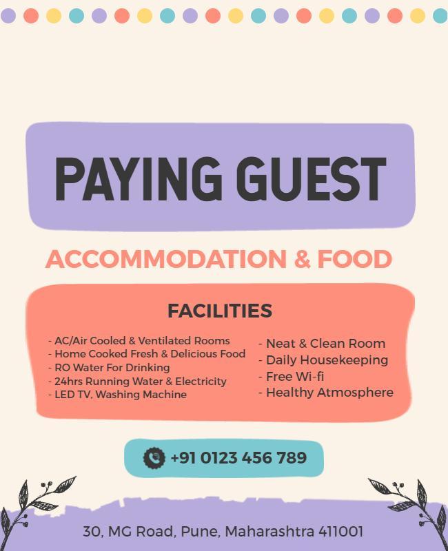 Colorful Modern Paying Guest Accommodation Services Poster Template