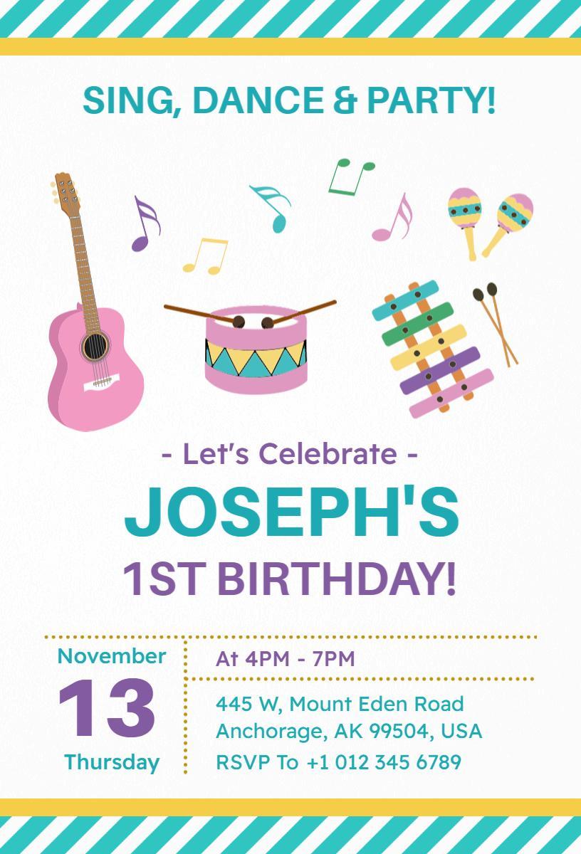 Colorful Musical 1st Birthday Celebration Invitation Template