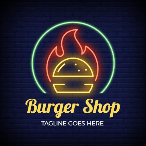 Colorful Neon Burger Shop Logo with Vibrant Flame Design Logo Template
