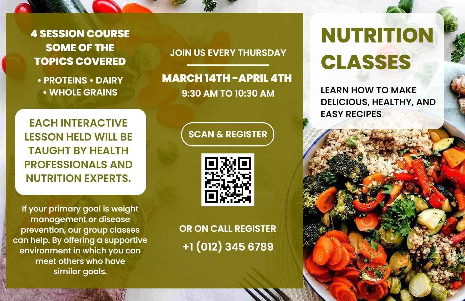 Colorful Nutrition Classes for Healthy Easy Recipe Learning Brochure Template