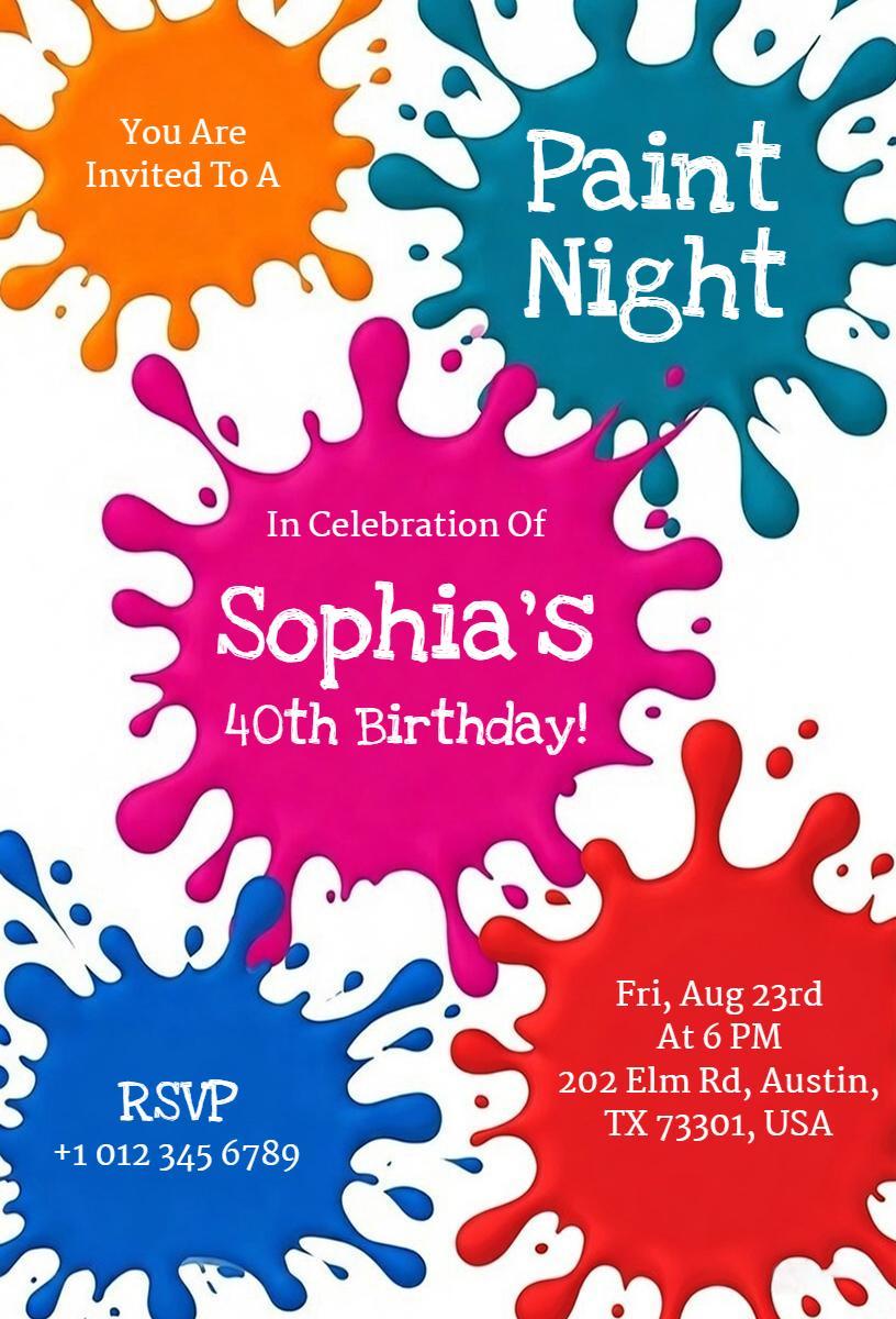 Colorful Paint Night 40th Birthday Celebration Invitation Template