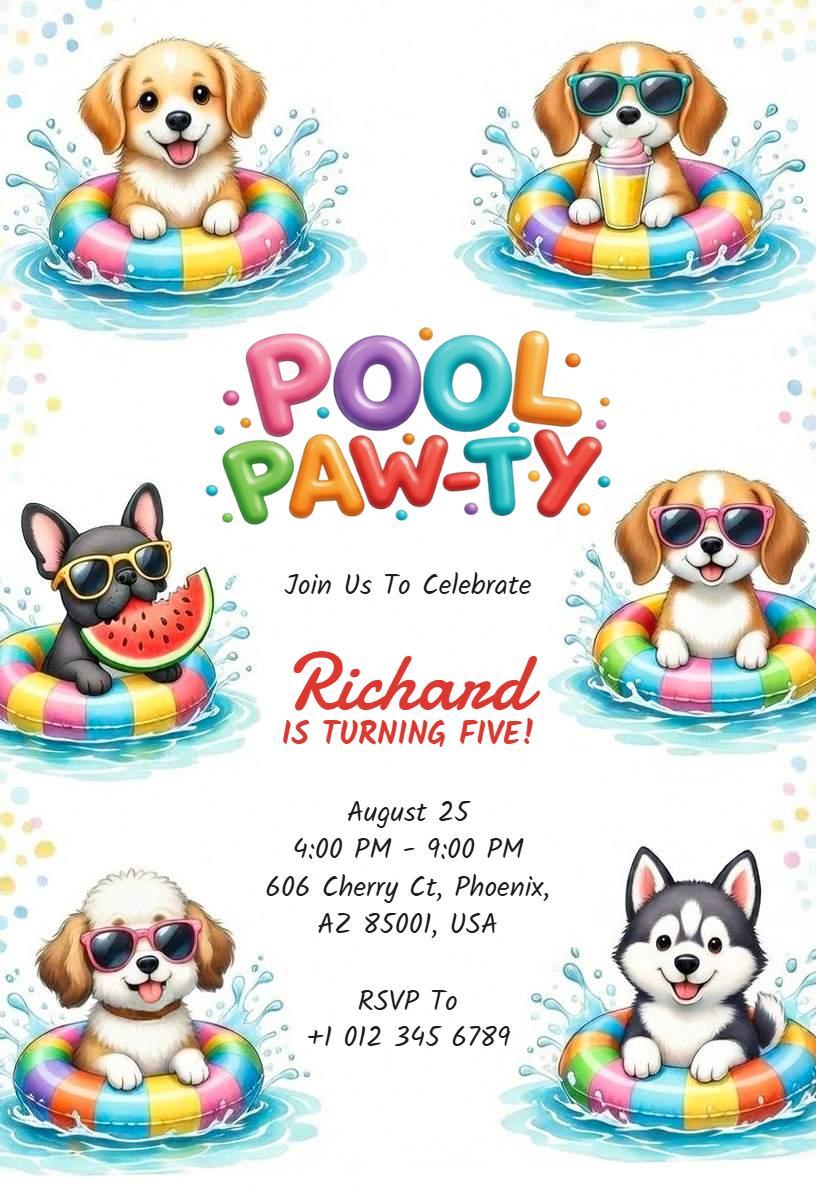 Colorful Puppy Theme Pool Party Celebration Invitation Template