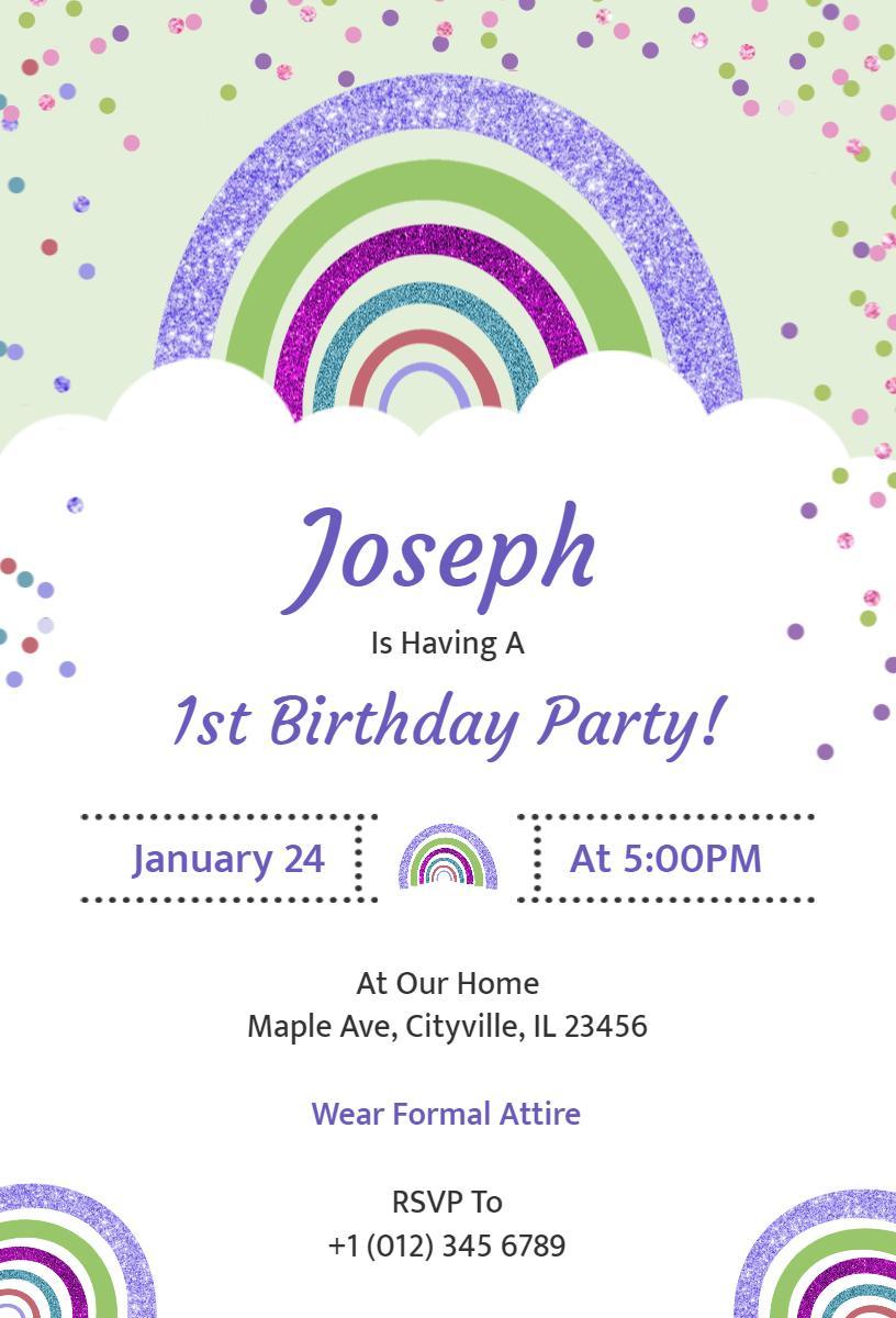 Colorful Rainbow 1st Birthday Celebration Invitation Template