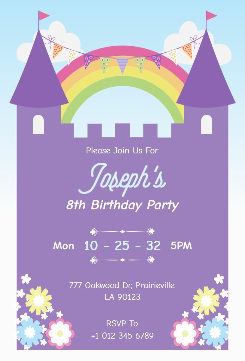 Colorful Rainbow Castle 8th Birthday Celebration Invitation Template