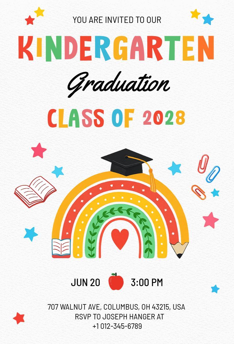 Colorful Rainbow Kindergarten Graduation Celebration Invitation Template
