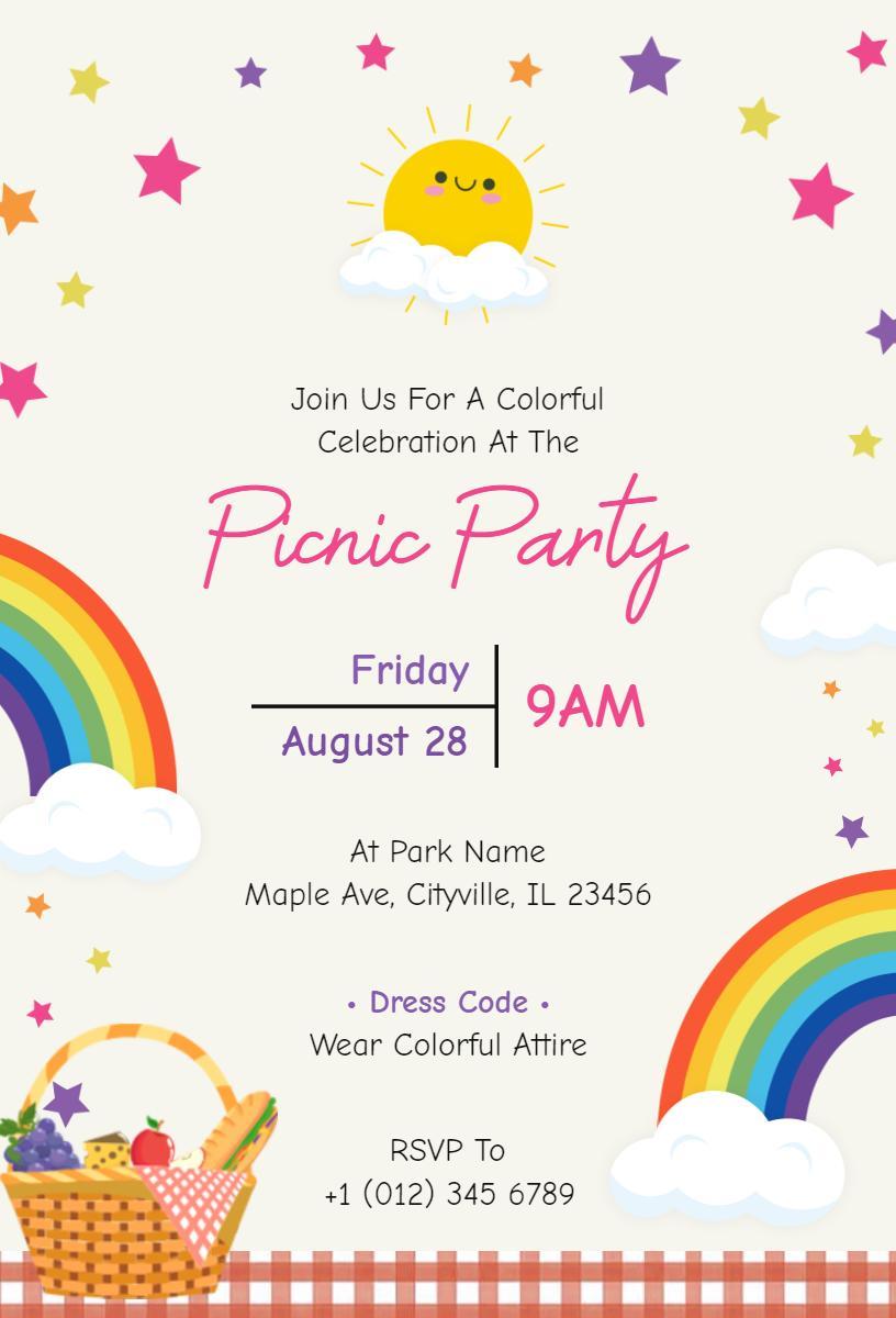 Colorful Rainbow Themed Picnic Party Invitation Template