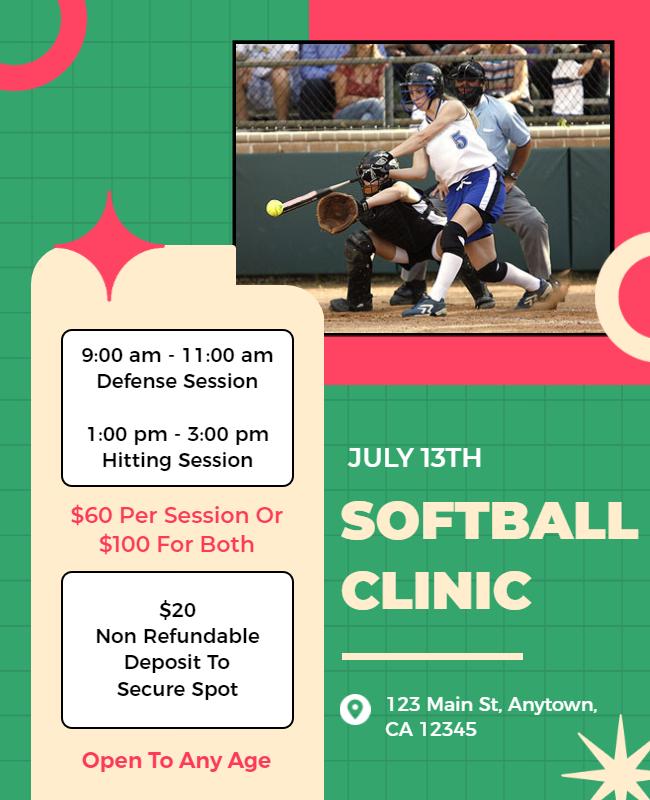 Colorful Retro Sports Softball Clinic Event Poster Template