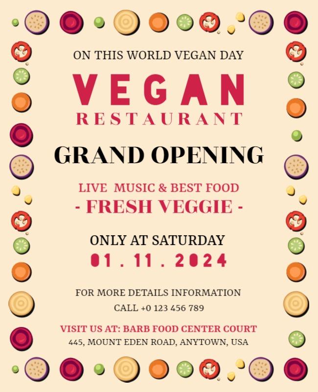 Colorful Retro Vegan Restaurant Grand Opening Poster Template