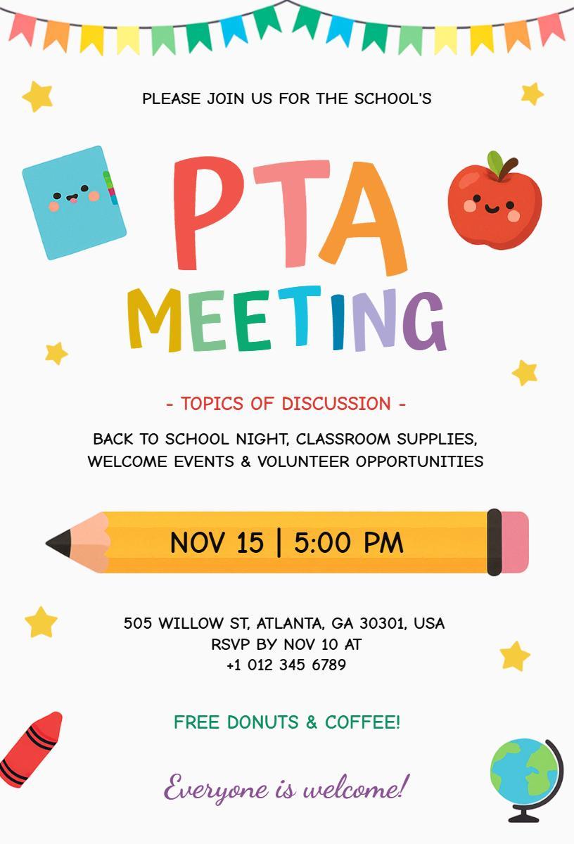 Colorful School PTA Meeting Discussion Invitation Template