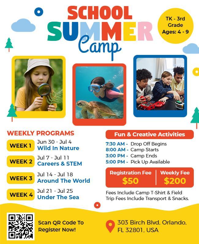 Colorful School Summer Camp Activities Flyer Template