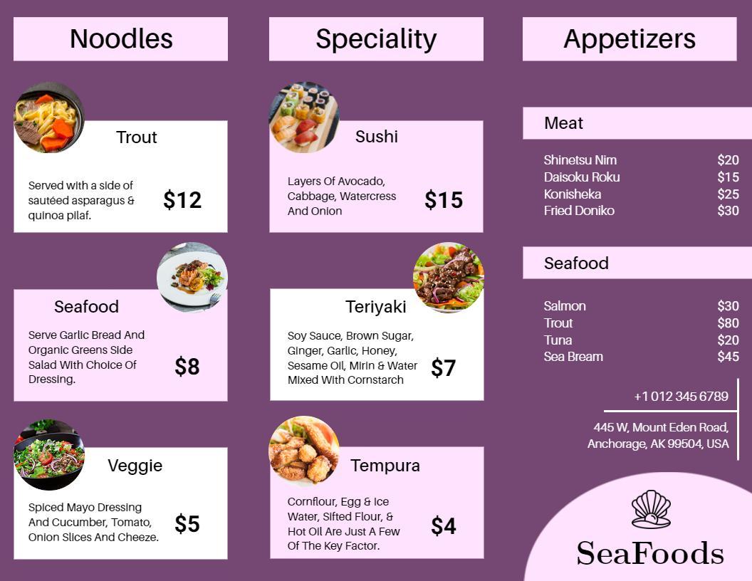 Colorful Seafood Menu Featuring Noodles and Appetizers Brochure Template
