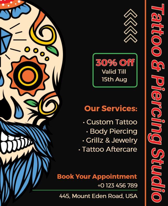Colorful Skull Design for Tattoo and Piercing Studio Poster Template