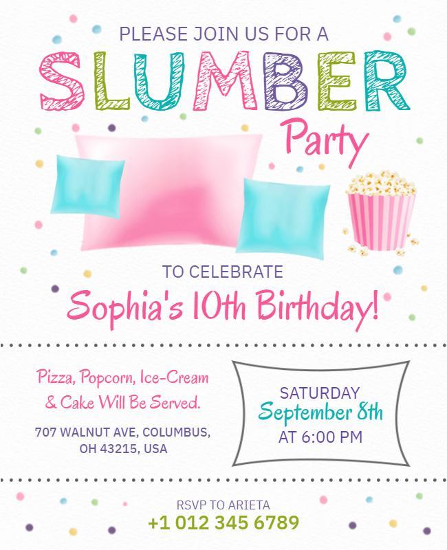 Colorful Slumber Party Celebration for 10th Birthday Poster Template