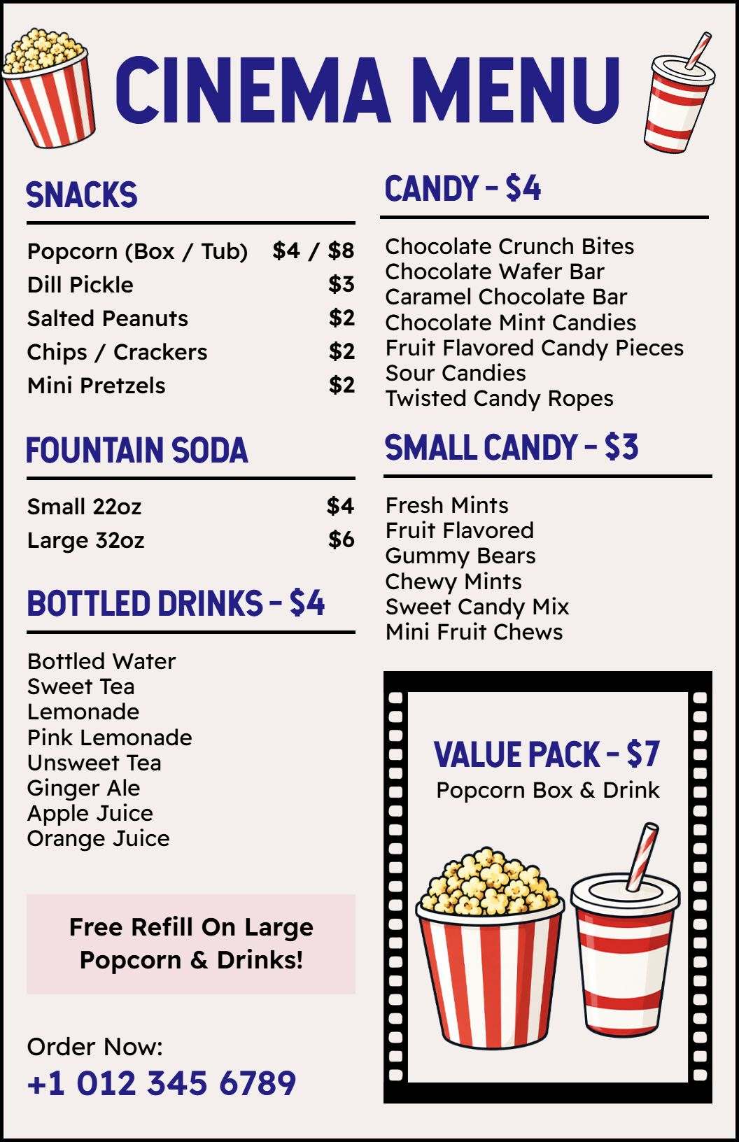 Colorful Snacks and Sweet Treats Variety Cinema Menu Template