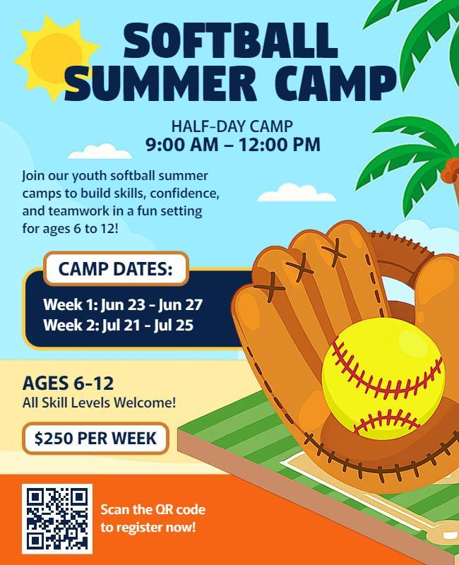 Colorful Softball Summer Camp with Palm Tree Flyer