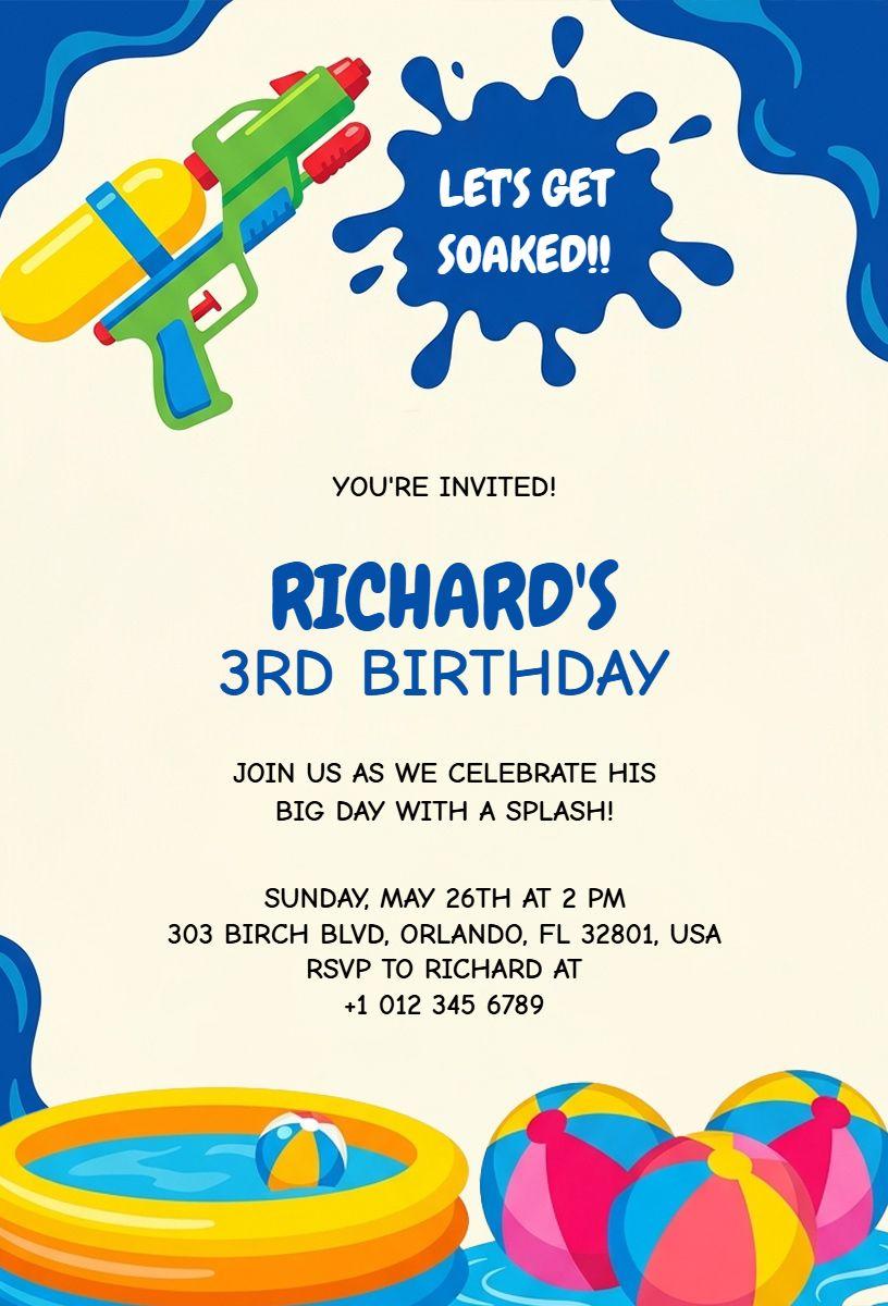 Colorful Splash Water Fun Pool Party Invitation Template