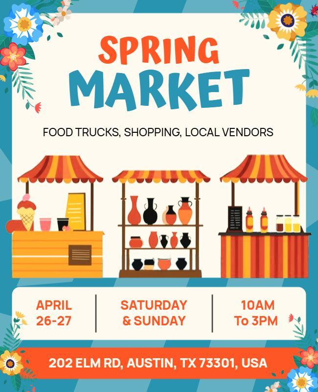 Colorful Spring Market Food Trucks and Vendors Poster Template