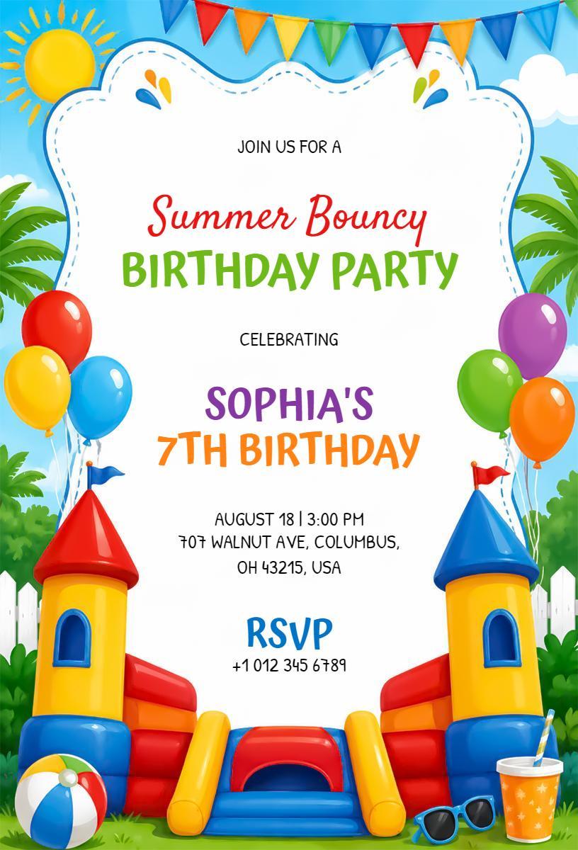 Colorful Summer Bouncy Birthday Party Invitation Template