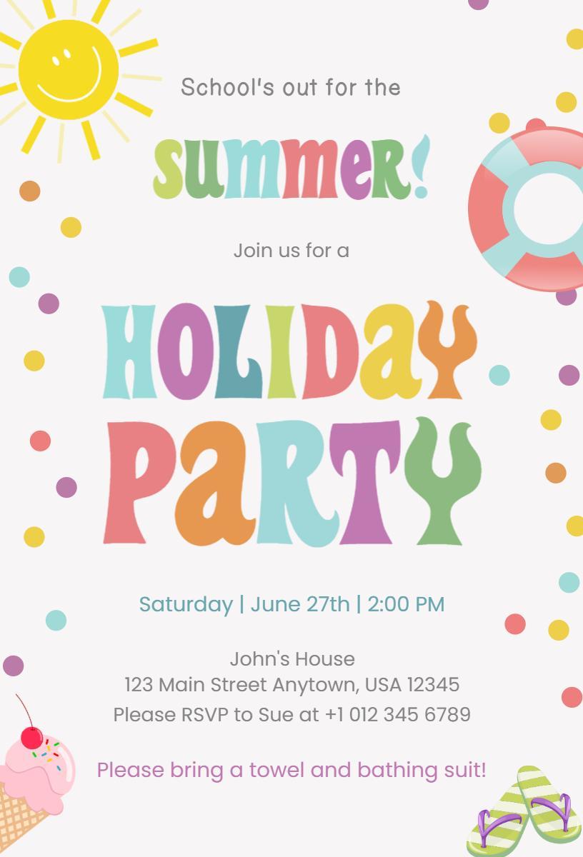 Colorful Summer School Holiday Party Celebration Invitation Template