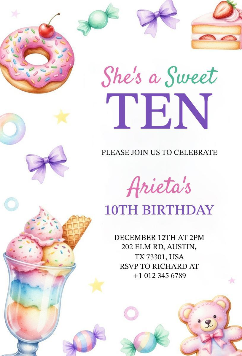 Colorful Sweet Treats 10th Birthday Celebration Invitation Template