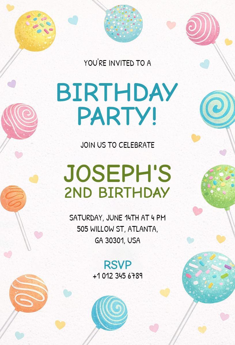 Colorful Sweet Treats 2nd Birthday Celebration Invitation Template