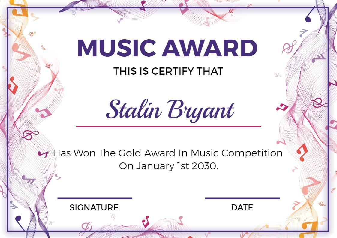 Colorful Swirling Music Competition Award Certificate Template