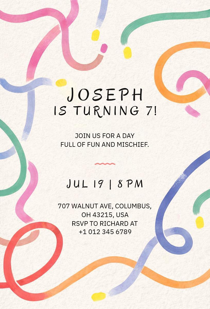 Colorful Swirls Fun 7th Birthday Celebration Invitation Template