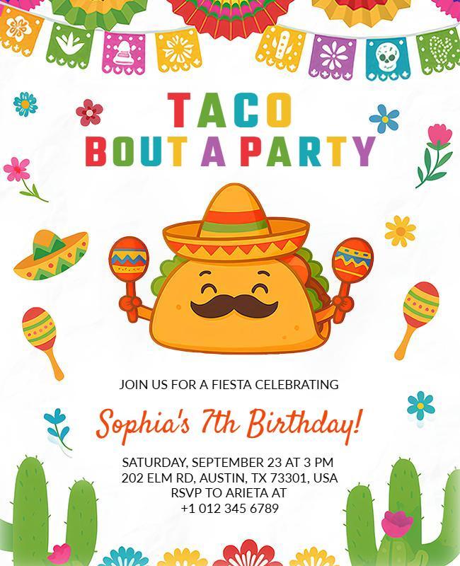 Colorful Taco Fiesta Birthday Party Invitation Flyer Template