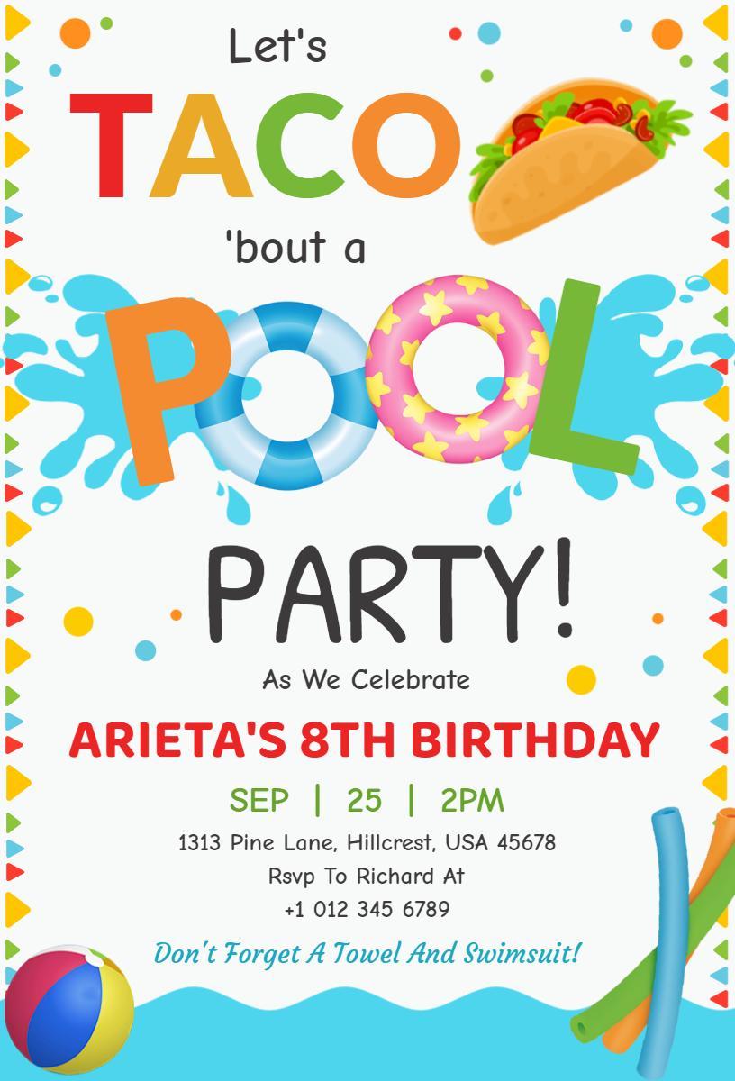 Colorful Taco Themed Pool Party Celebration Invitation Template