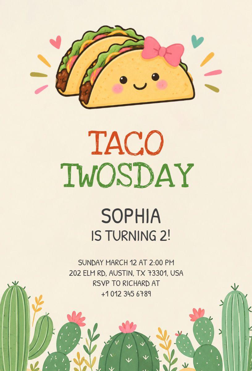 Colorful Taco Twosday Birthday Invitation Template