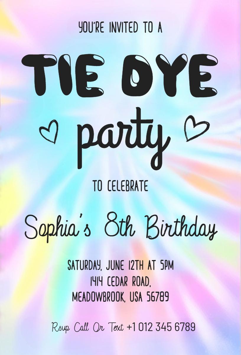 Colorful Tie Dye 8th Birthday Celebration Party Invitation Template