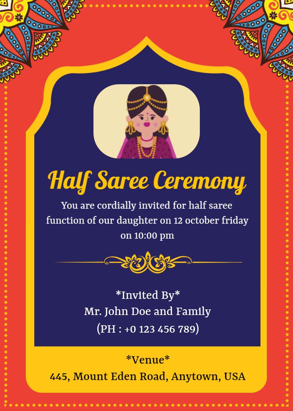 Colorful Traditional Half Saree Ceremony Invitation Template