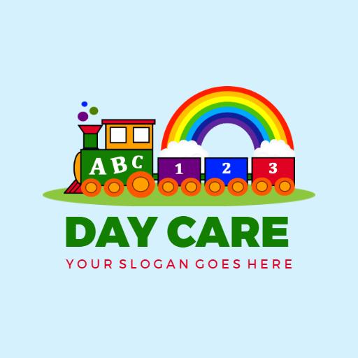 Colorful Train and Rainbow Illustrating Daycare Fun Logo Template