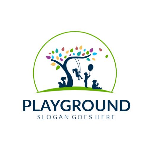 Colorful Tree and Happy Kids Enjoying Outdoor Playground Logo Template