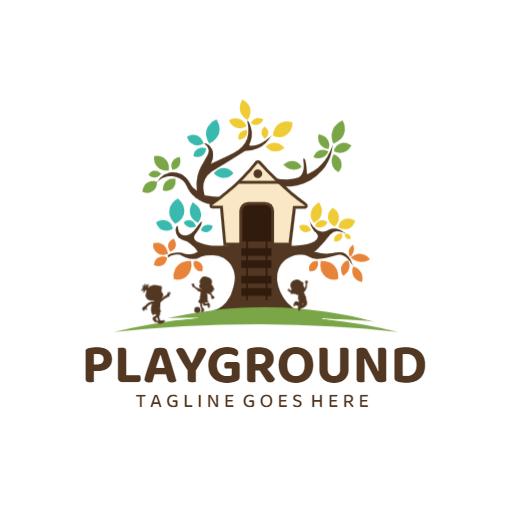 Colorful Treehouse Surrounded by Kids Playing Logo Template