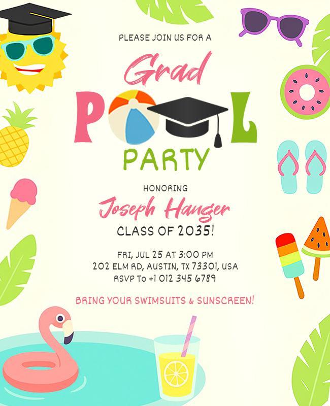 Colorful Tropical Graduate Pool Celebration Flyer Template