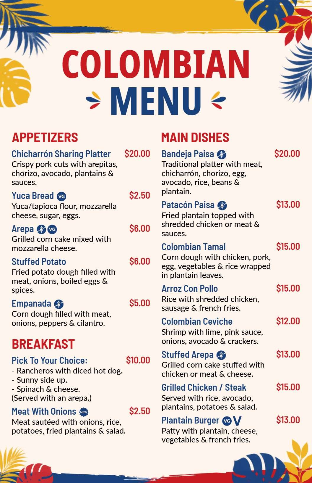 Colorful Tropical Leaves Colombian Dining Menu Template